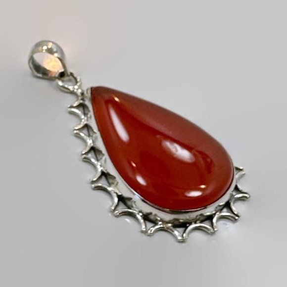 Carnelian Pendant, Sterling Silver, Vintage Pendant, 2" Long, Large Stone, Red - Picture 4 of 5
